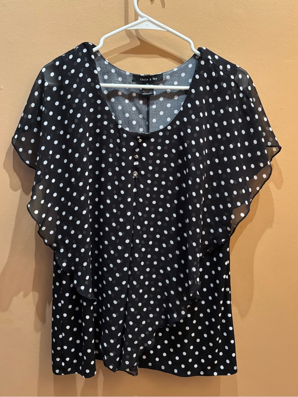 Adele & May Polka Dot Blouse with sheer draped Ruffle front Size XL